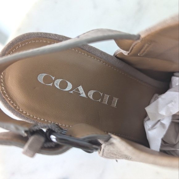 Coach Kearney Taupe Suede Leather Snake Print Peep Toe Heels - Picture 4 of 12